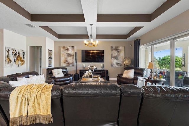 living room featuring beamed ceiling, a chandelier, and coffered ceiling