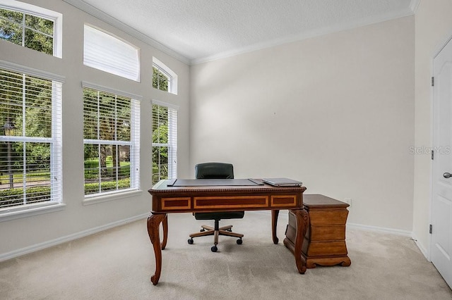 home office featuring a textured ceiling, light colored carpet, plenty of natural light, and ornamental molding