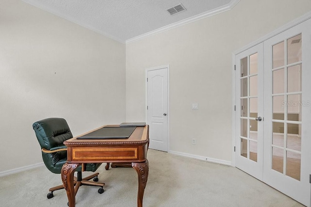 office with light carpet, french doors, and a textured ceiling