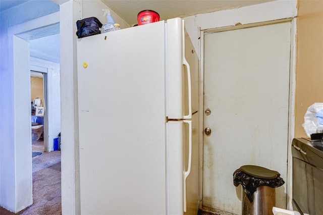 432 Marion St, Daytona Beach, FL 32114 - interior space with white refrigerator, carpet floors, and a textured ceiling