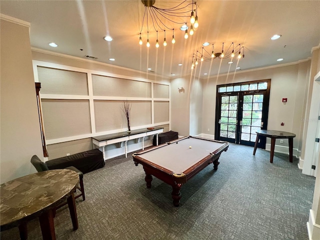 recreation room with dark colored carpet, french doors, pool table, and ornamental molding