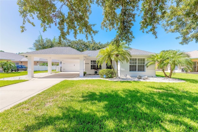 ranch-style house with a garage and a front yard