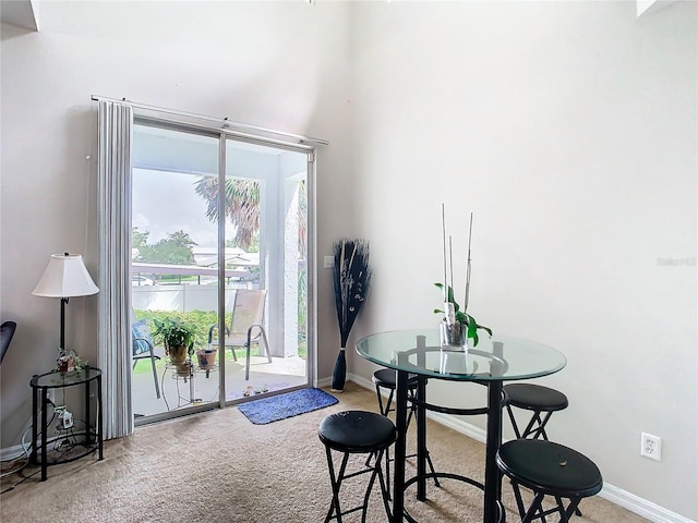 dining space featuring light carpet