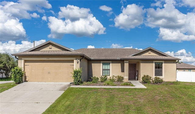 ranch-style house with a front lawn and a garage