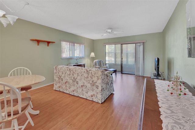 living room featuring ceiling fan, wood-type flooring, and a textured ceiling