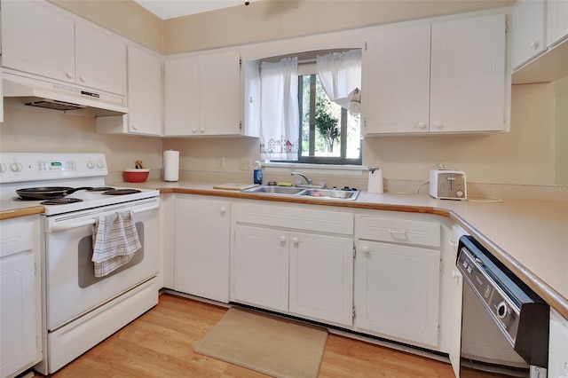 kitchen featuring sink, dishwasher, white electric range, white cabinets, and light wood-type flooring