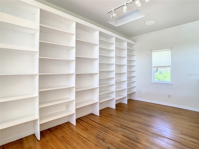 spacious closet featuring wood-type flooring and a skylight