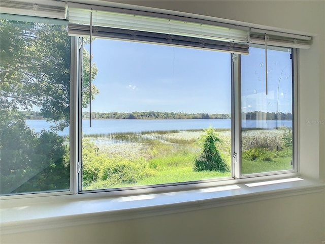 interior space with a water view