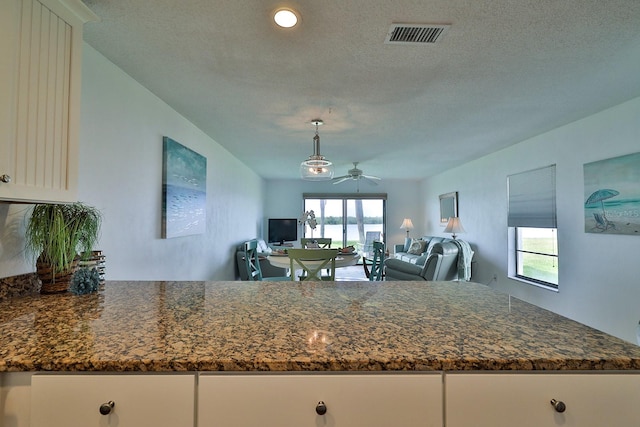 kitchen featuring dark stone counters, plenty of natural light, and a textured ceiling