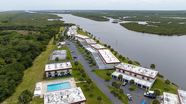 drone / aerial view featuring a water view