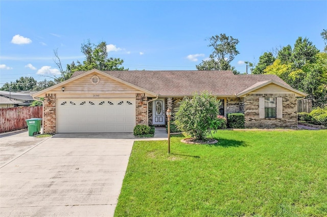 single story home with a front yard and a garage