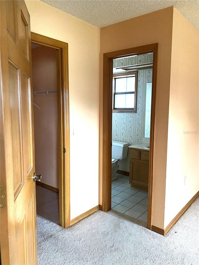 hall featuring light colored carpet and a textured ceiling