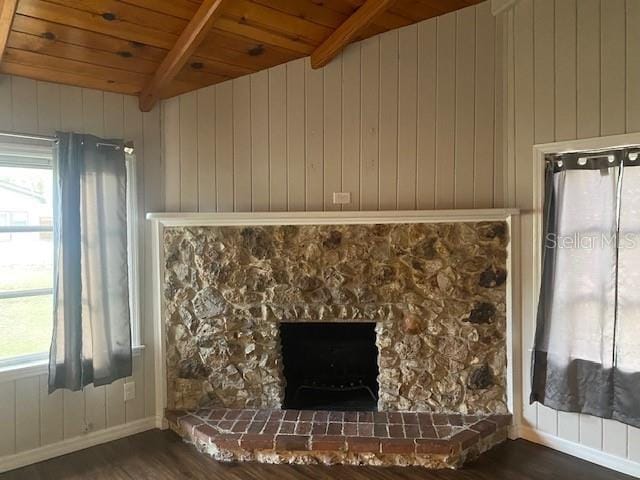 interior space featuring vaulted ceiling with beams, a fireplace, hardwood / wood-style floors, and wood ceiling