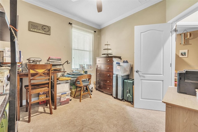 home office with crown molding, ceiling fan, and light colored carpet