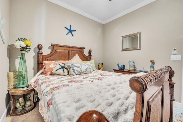 bedroom with carpet flooring and crown molding