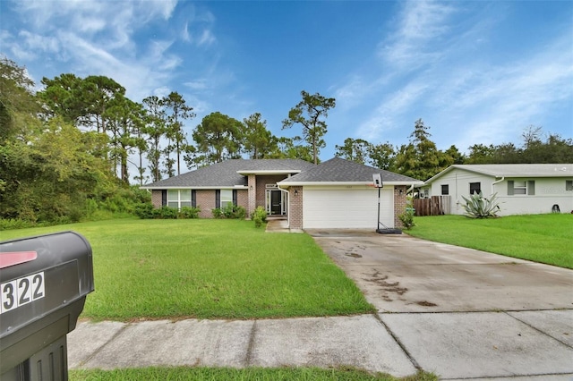 ranch-style house with a garage and a front yard