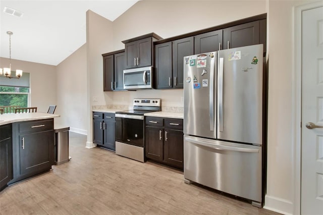 kitchen featuring lofted ceiling, hanging light fixtures, light hardwood / wood-style floors, stainless steel appliances, and dark brown cabinets