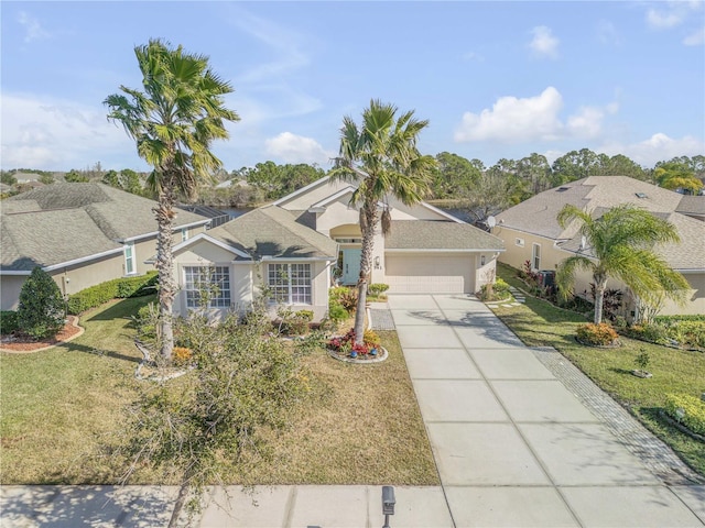 view of front of home with a garage and a front lawn