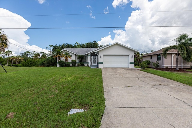 ranch-style home with a garage and a front lawn