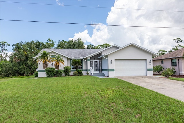 ranch-style house with a garage and a front lawn