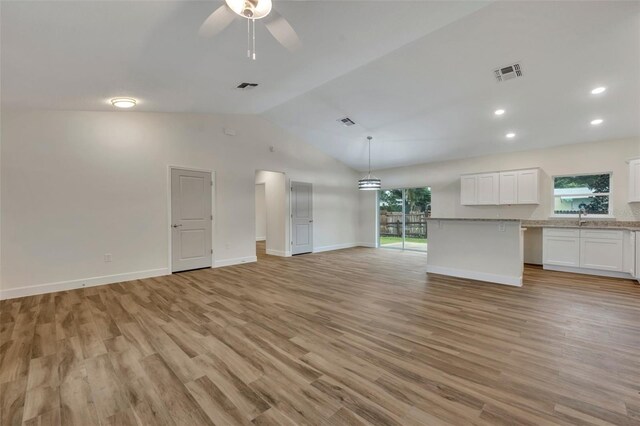 unfurnished living room with light hardwood / wood-style floors, sink, and a wealth of natural light