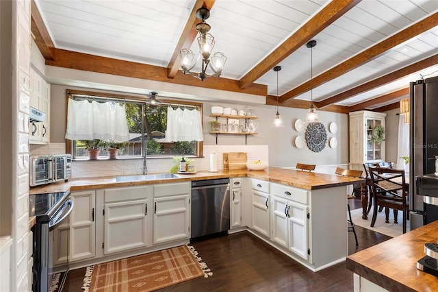 kitchen with butcher block counters, a wealth of natural light, dishwasher, and range