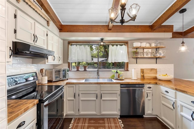 kitchen with dark hardwood / wood-style flooring, stainless steel dishwasher, black electric range oven, pendant lighting, and sink