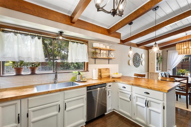 kitchen with butcher block counters, dark hardwood / wood-style flooring, stainless steel dishwasher, pendant lighting, and sink