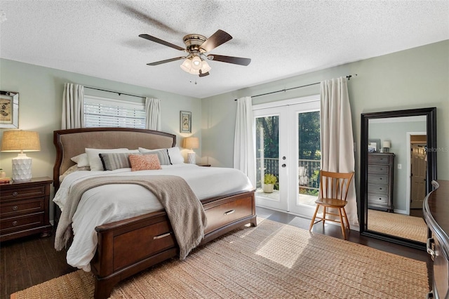 bedroom with access to exterior, french doors, dark hardwood / wood-style floors, a textured ceiling, and ceiling fan