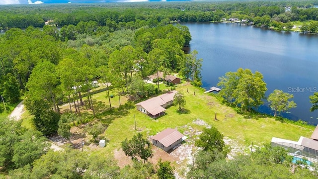 bird's eye view with a water view and a forest view