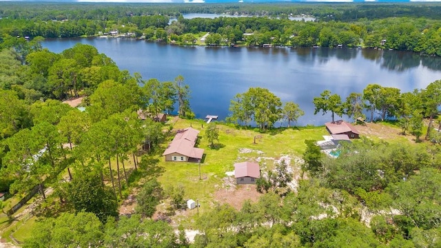 bird's eye view featuring a water view and a forest view