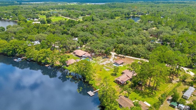 aerial view featuring a water view and a wooded view