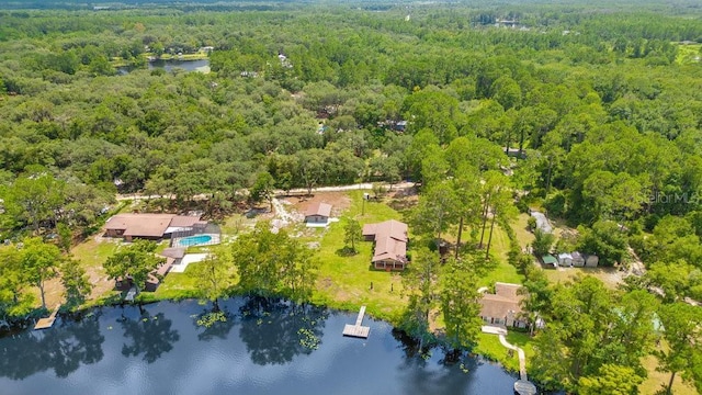 aerial view featuring a water view and a view of trees