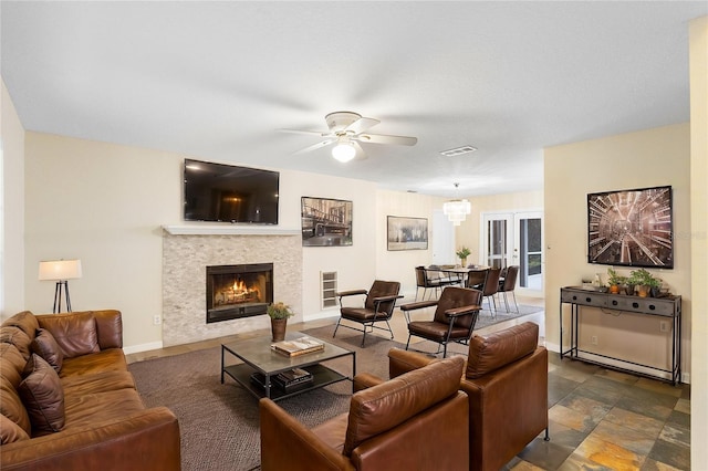 living room with ceiling fan