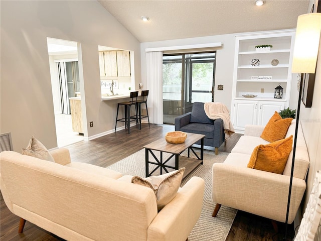 living room featuring lofted ceiling and wood-type flooring