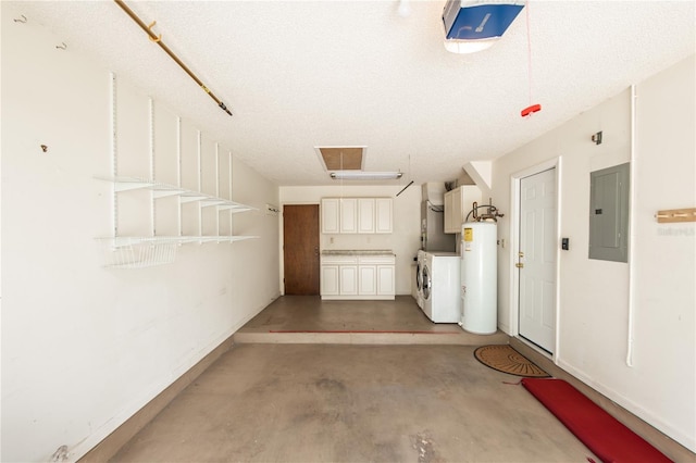 garage with water heater, a garage door opener, washing machine and clothes dryer, and electric panel