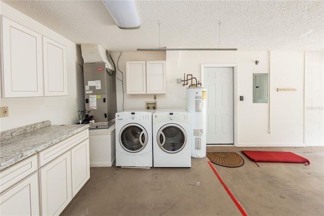 laundry room with washing machine and clothes dryer, heating unit, cabinets, electric panel, and water heater