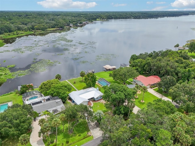 drone / aerial view with a water view