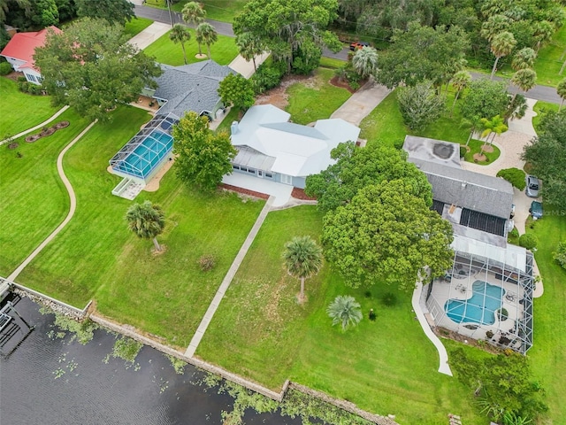 aerial view featuring a water view