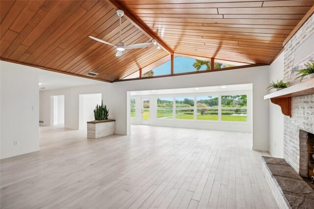 unfurnished living room with ceiling fan, high vaulted ceiling, wood ceiling, and light hardwood / wood-style floors