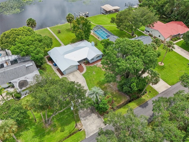 drone / aerial view featuring a water view