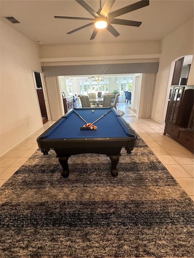 rec room with ceiling fan, light tile patterned floors, and billiards