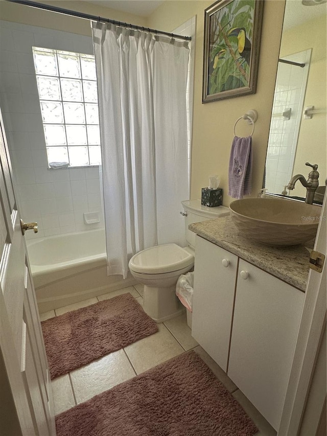 full bathroom with tile patterned floors, vanity, shower / bath combination with curtain, and toilet