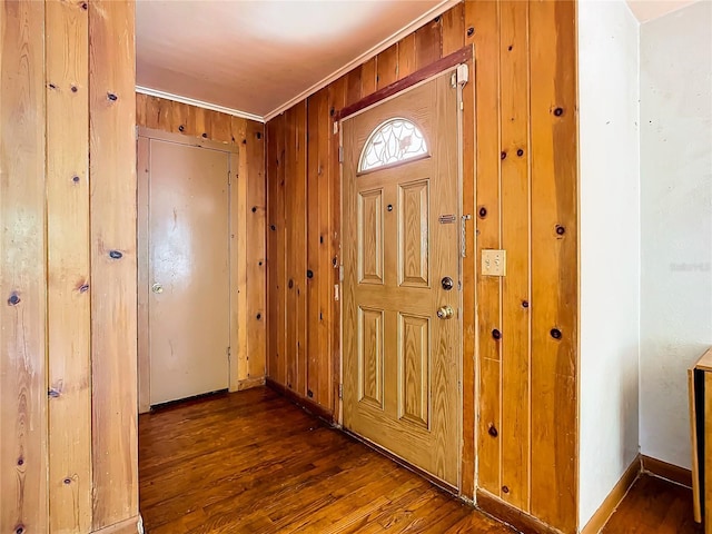 entrance foyer featuring wooden walls and dark hardwood / wood-style floors