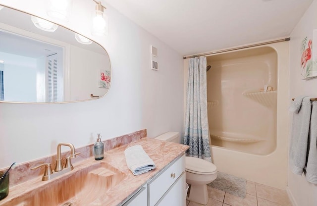 full bathroom with vanity, tile patterned floors, shower / bath combination with curtain, and toilet