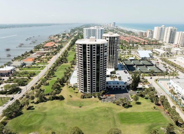 drone / aerial view with a water view