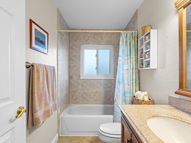 full bath with shower / bath combination with curtain, tile patterned flooring, vanity, and toilet