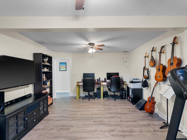 office area with visible vents, ceiling fan, light wood-style flooring, and baseboards