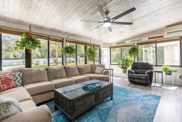 sunroom with wood ceiling, a wall mounted air conditioner, vaulted ceiling, and ceiling fan