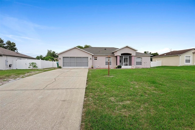 single story home with a front lawn and a garage